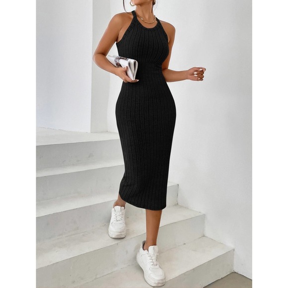 Minimalist Halter ribbed knot Bodycon midi Dress rust orange - Picture 5 of 12